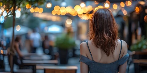 Fototapeta premium a young woman in a dress walks outside of a restaurant with lights in the background 