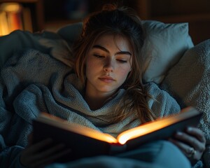 Woman reading a book in bed at night