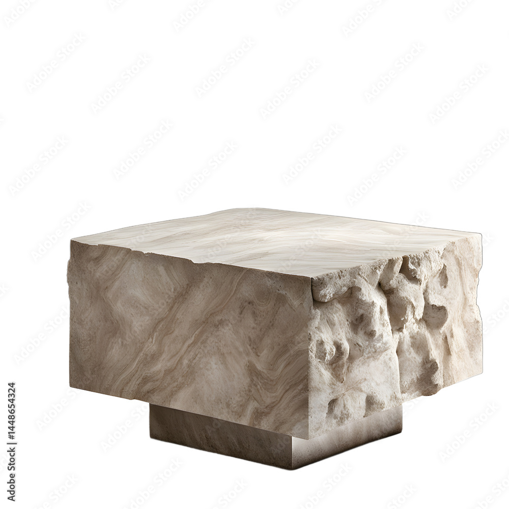 Poster Ancient Roman travertine stone block coffee table with rough finish, isolated on a empty plain background