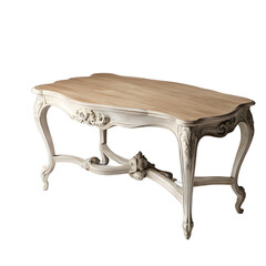 French Provincial whitewashed wood coffee table with carved cabriole legs, isolated on a empty plain background