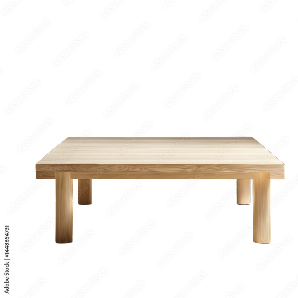 Poster japanese minimalist hinoki wood low square coffee table, isolated on a empty plain background