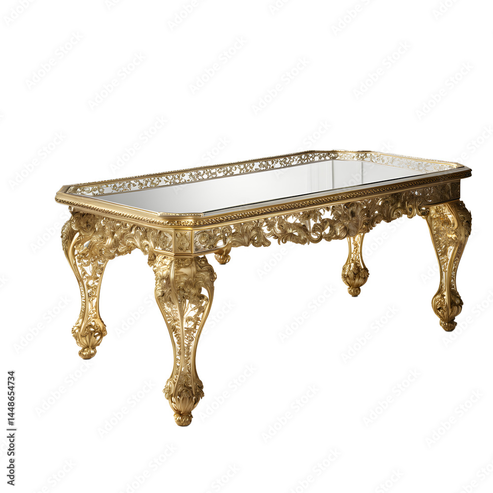 Poster hollywood regency gold mirrored coffee table with ornate legs, isolated on a empty plain background