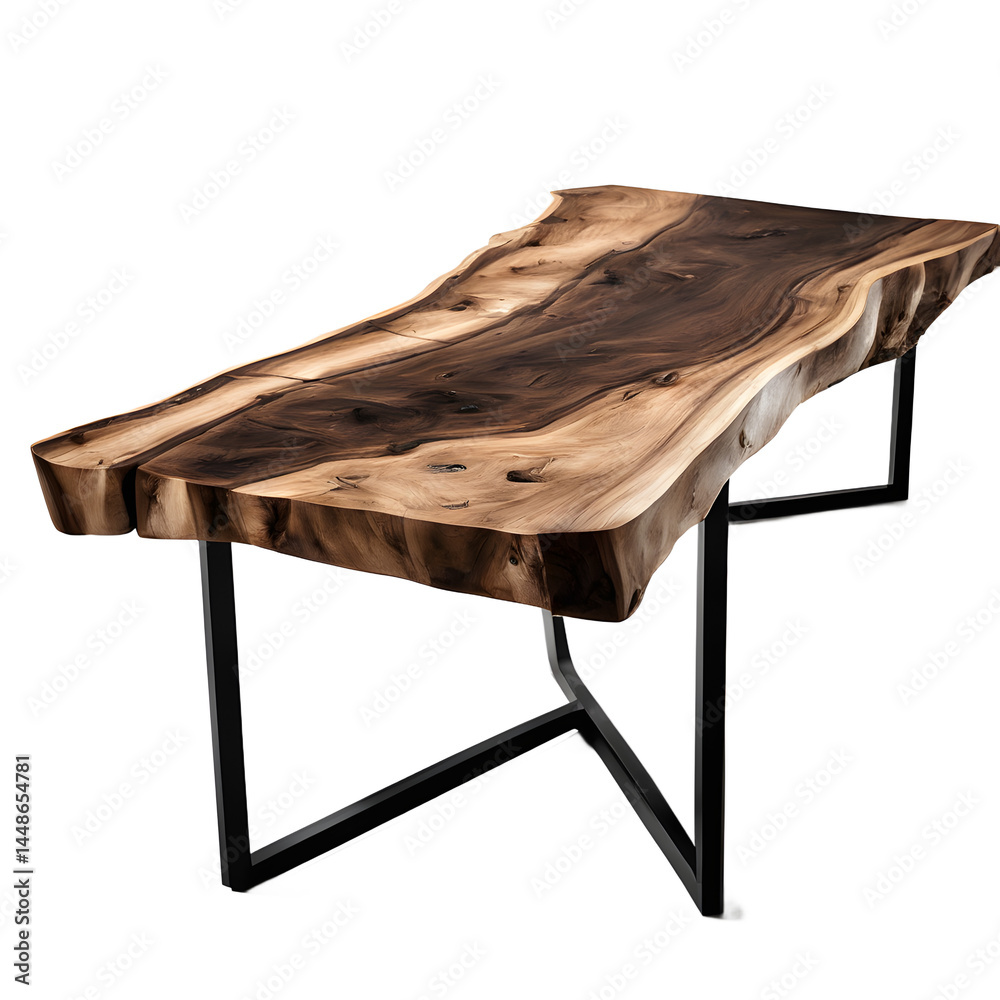 Poster modern rustic live edge walnut slab coffee table with black steel legs, isolated on a empty plain ba