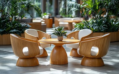 Wooden chairs and table in a modern lounge