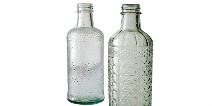 two glass bottles standing side by side on white b