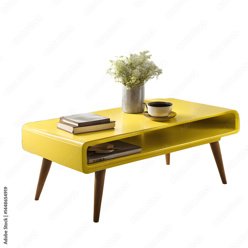 Poster retro 1970s bright yellow laminate coffee table with chunky legs, isolated on a empty plain backgrou