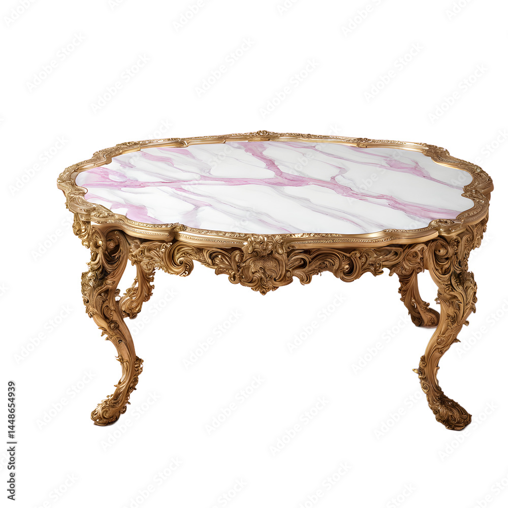 Poster rococo gilded ornate coffee table with pink marble top, isolated on a empty plain background