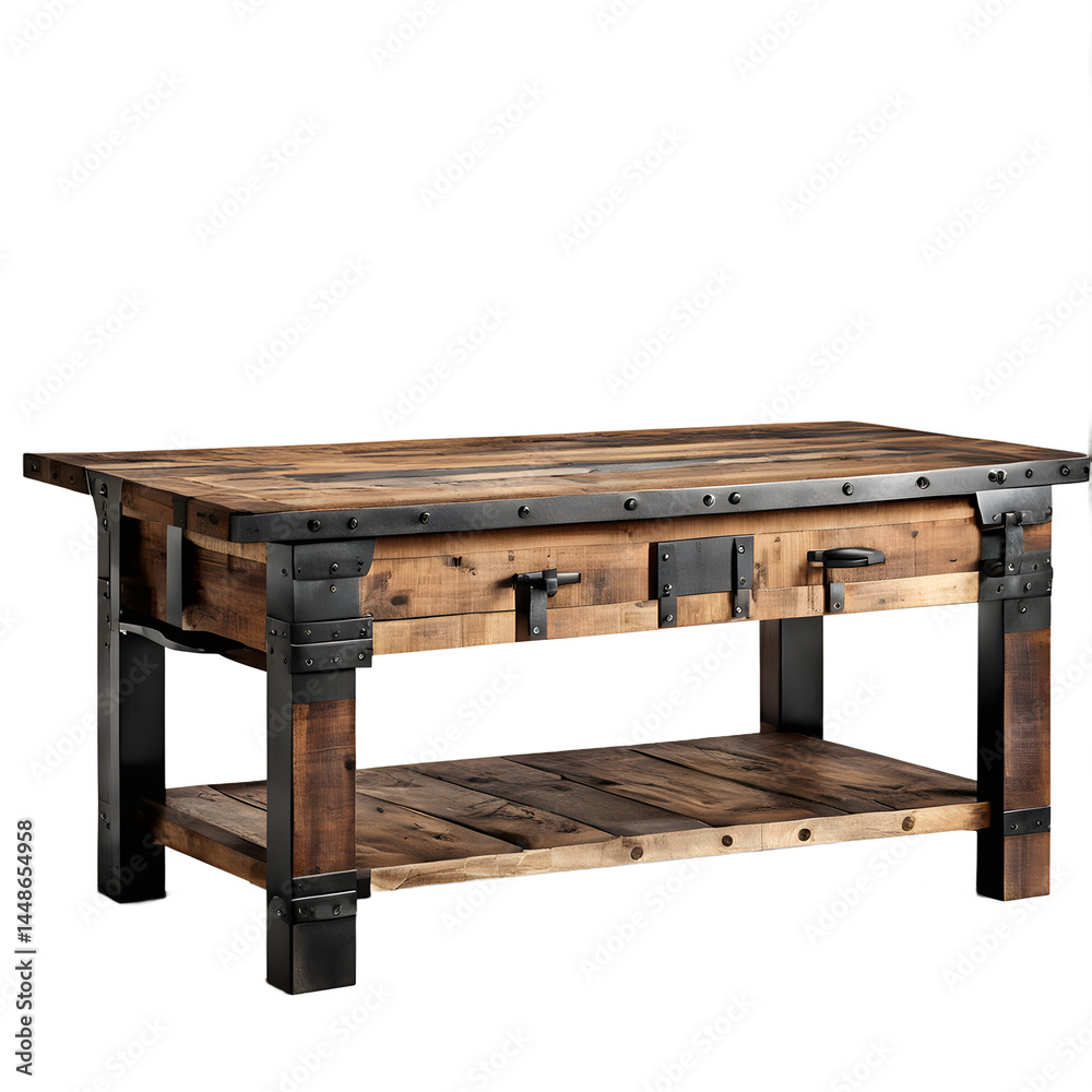 Poster rustic reclaimed barnwood coffee table with iron strap accents, isolated on a empty plain background
