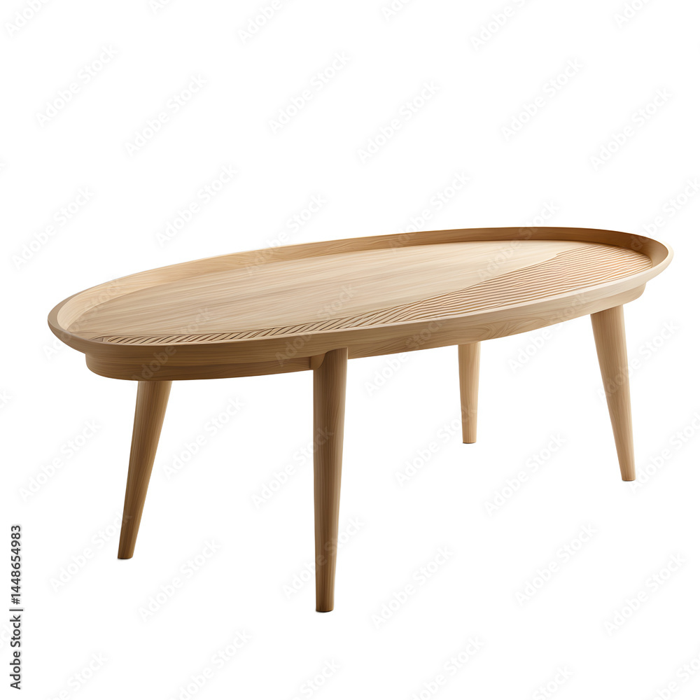 Poster scandinavian light ash wood oval coffee table with slatted shelf, isolated on a empty plain backgrou