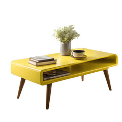 Retro 1970s bright yellow laminate coffee table with chunky legs, isolated on a empty plain background