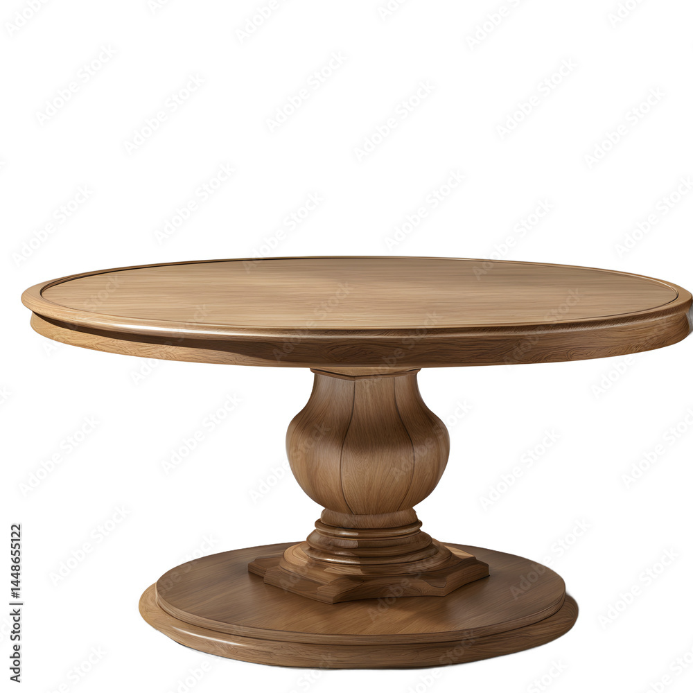 Poster Traditional oak round coffee table with pedestal base and beveled edge, isolated on a empty plain background
