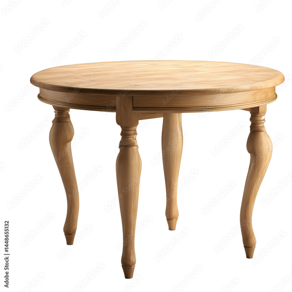 Poster traditional oak round coffee table with pedestal base and beveled edge, isolated on a empty plain ba