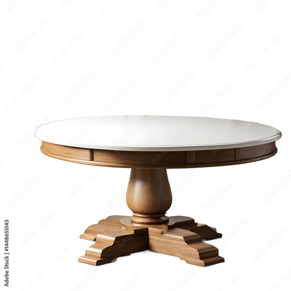 Poster Traditional oak round coffee table with pedestal base and beveled edge, isolated on a empty plain background