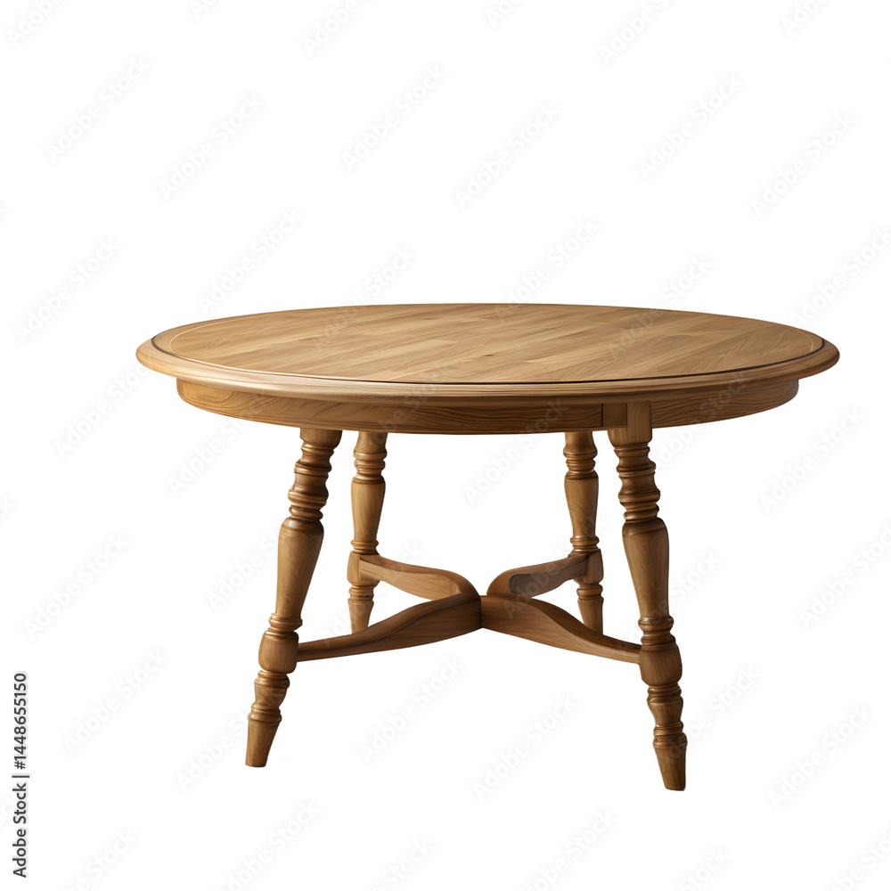 Poster traditional oak round coffee table with pedestal base and beveled edge, isolated on a empty plain ba