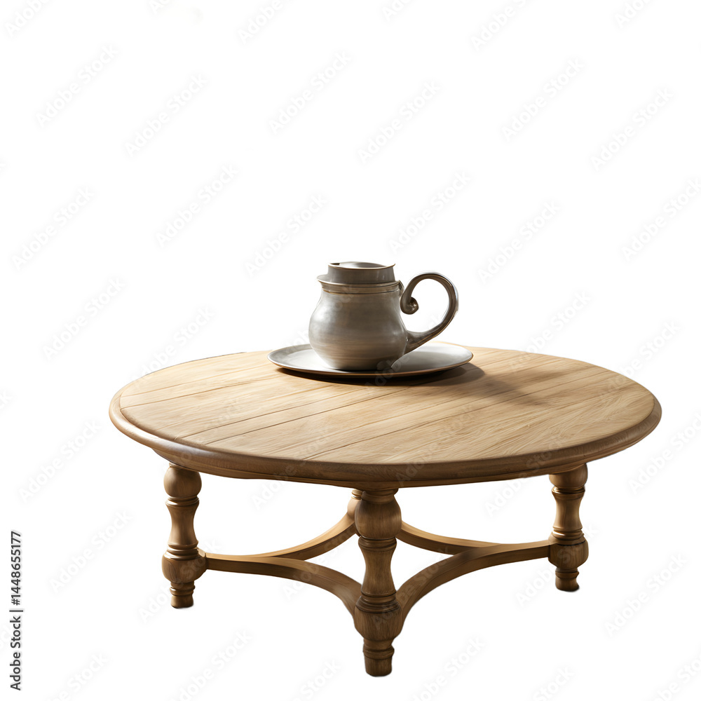 Aufkleber traditional oak round coffee table with pedestal base and beveled edge, isolated on a empty plain ba