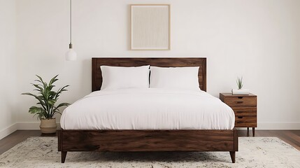 Minimalist bedroom design with wood platform bed, white linens, and modern dÃ©cor showcases serene comfort.