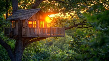 Wooden treehouse at sunset