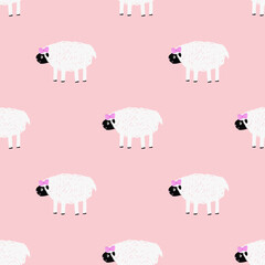 seamless pattern with cute sheep in naive kids style on pastel pink background. Kids fabric texture, print for nursery, baby clothing.