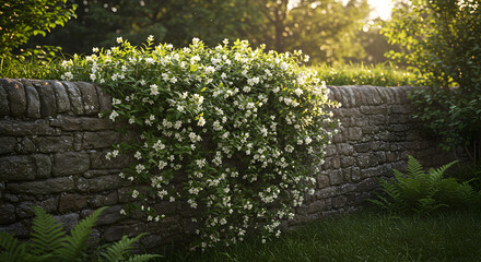 Obraz premium Vintage Stone Wall Adorned With Blooming White Flowers And Greenery