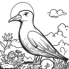 Fototapeta premium Elegant bird illustration standing on stone among blossoms and clouds perfect for printable coloring book pages