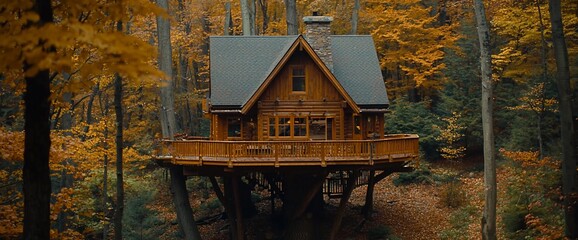 Wooden treehouse cabin nestled in autumnal forest