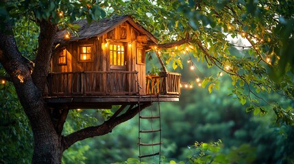 Wooden treehouse nestled in a tree at twilight, lit with string lights