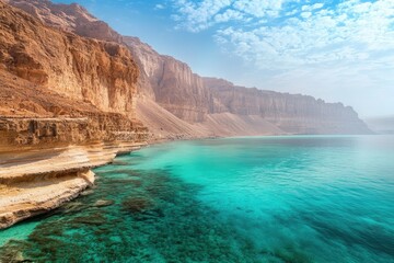 Stunning turquoise waters meet dramatic, rugged cliffs under a bright blue sky. A breathtaking coastal landscape.