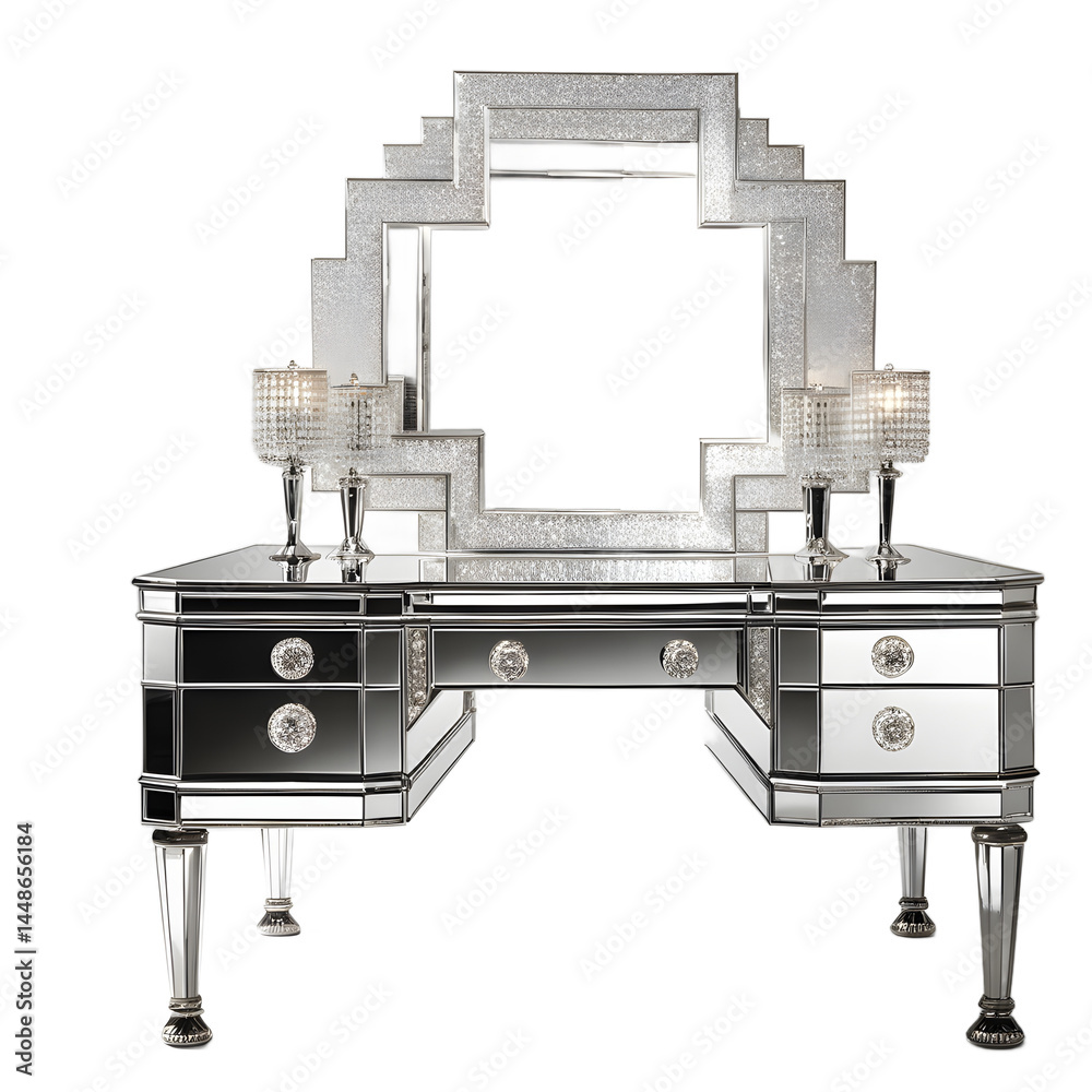 Poster Glam Hollywood Regency mirrored desk with crystal knobs, isolated on a empty plain background