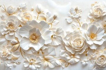 Elegant 3D embossed white and gold flowers luxurious floral wallpaper design rich texture detailed petals calming