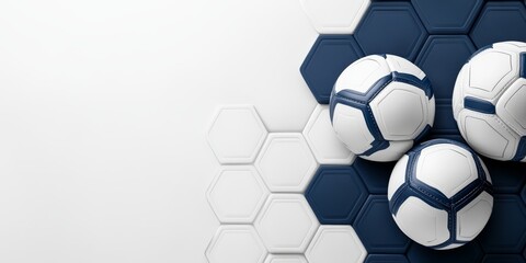 Fototapeta premium Abstract sporty background featuring white and navy blue hexagonal patterns with three soccer balls on the right side