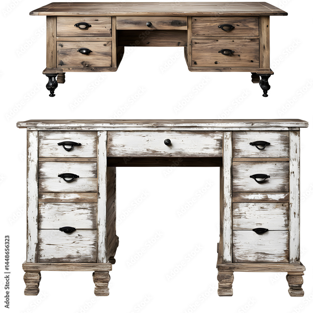 Poster Rustic farmhouse distressed pine desk with iron handles, isolated on a empty plain background