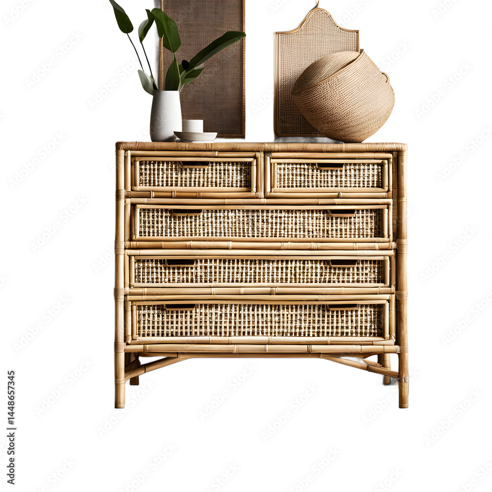 Poster boho rattan frame dresser with woven bamboo drawer faces, isolated on a empty plain background