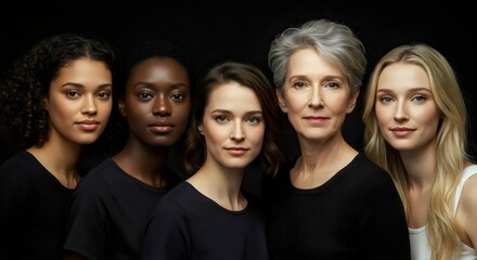 Obraz premium Diverse group portrait of five multi-ethnic women of different ages looking confidently at the camera on a dark background.