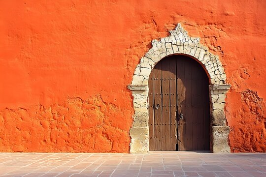 Ancient Wooden Door Archway Orange Wall Exterior