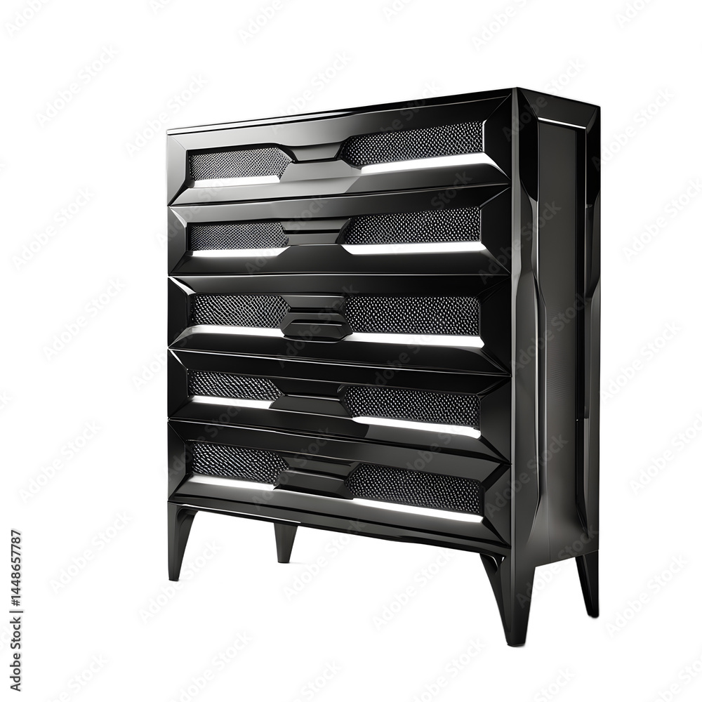 Poster neo-futuristic black carbon fiber dresser with built-in led strips, isolated on a empty plain backgr