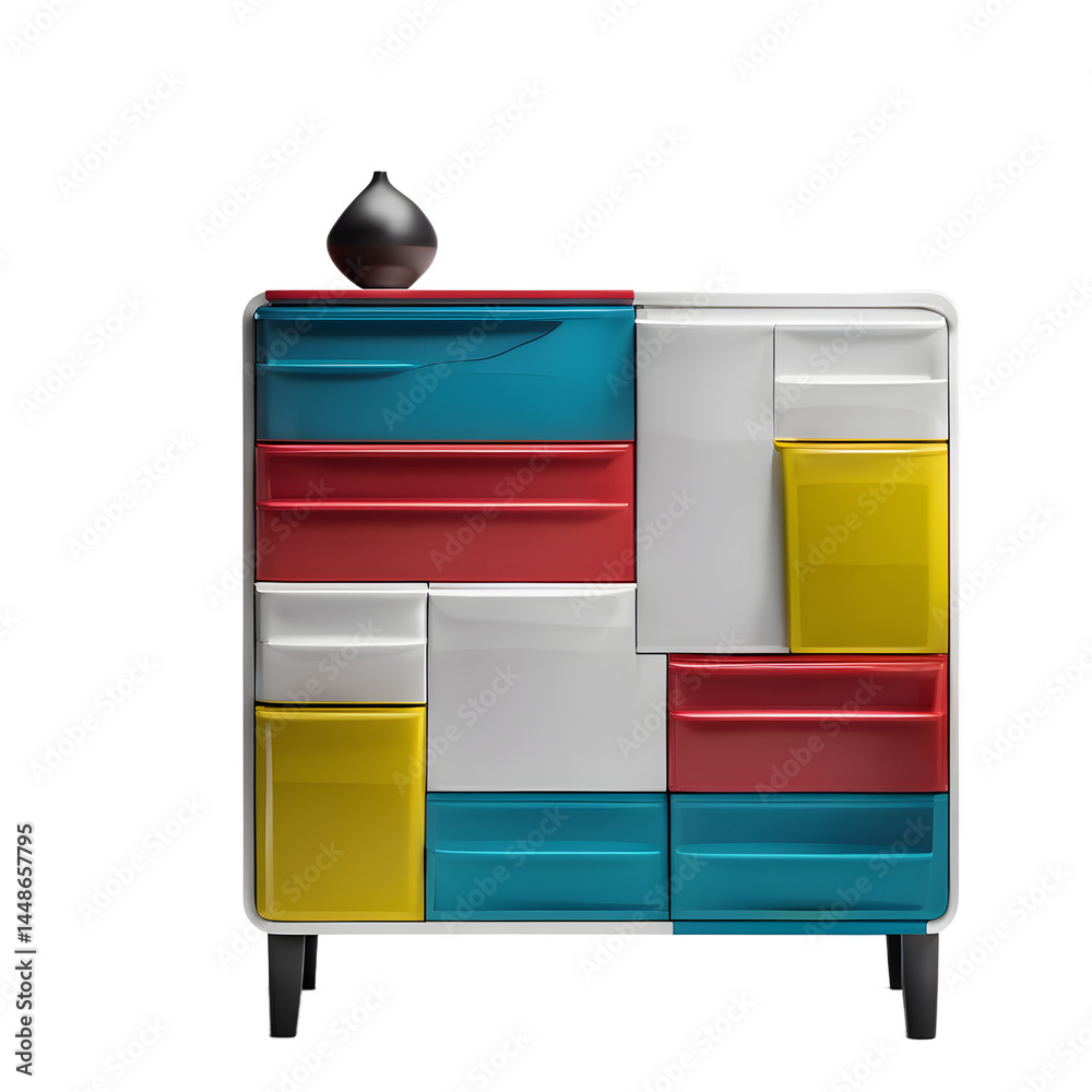 Poster postmodern bold asymmetrical plastic dresser with colorful drawers, isolated on a empty plain backgr
