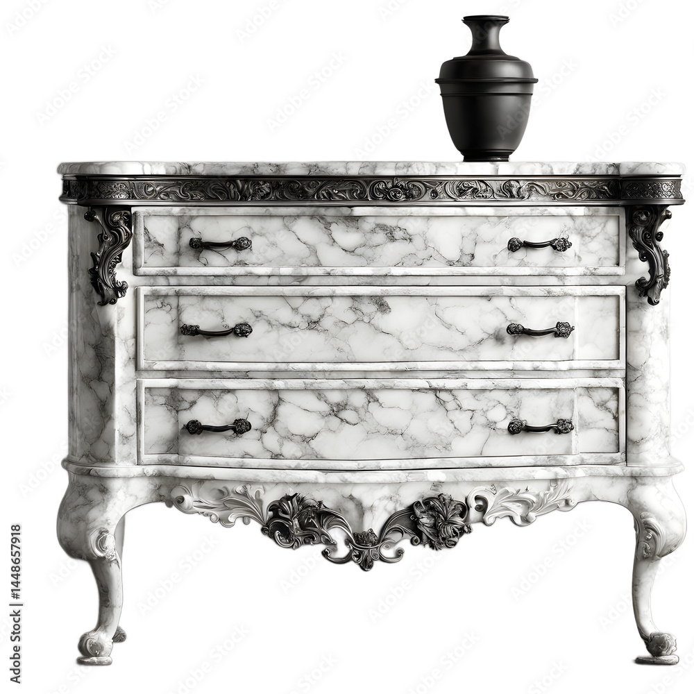 Poster victorian cast iron frame dresser with thick marble slab top, isolated on a empty plain background