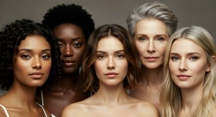 Obraz premium Diverse beauty portrait featuring five multi-ethnic women of varying ages with bare shoulders against a neutral background.
