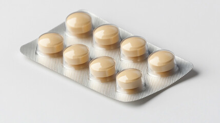 Pill blister pack featuring eight round beige tablets on a neutral background