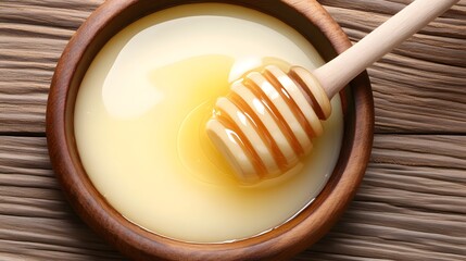 Golden Honey in Wooden Bowl with Honey Dipper