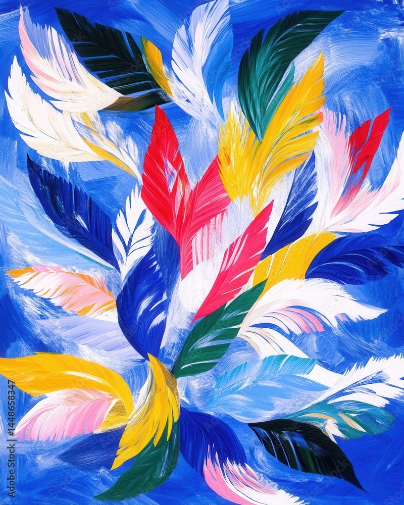Poster vibrant feather painting on blue background creating a dynamic and colorful composition with an expr