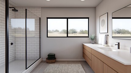 Fototapeta premium Modern Bathroom Interior with Shower Cabin, Wooden Vanity, White Countertop, Large Window, and Minimalist Decor Elements.