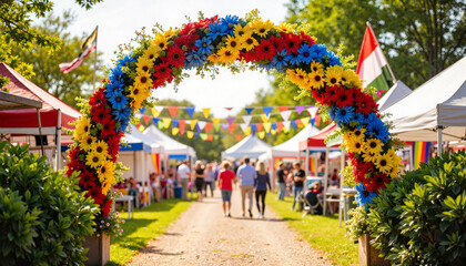 Fototapeta premium Vibrant floral arch welcoming visitors to community fair, festive spirit