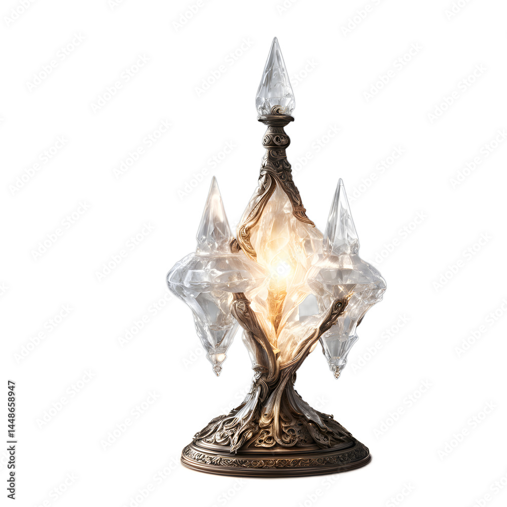 Poster fantasy wizard staff glowing crystal lamp, isolated on a empty plain background