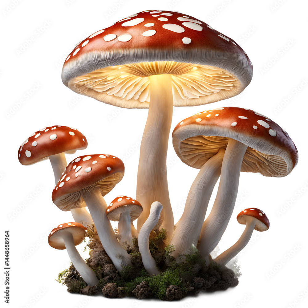 Poster fantasy fairy mushroom cluster glowing lamp, isolated on a empty plain background