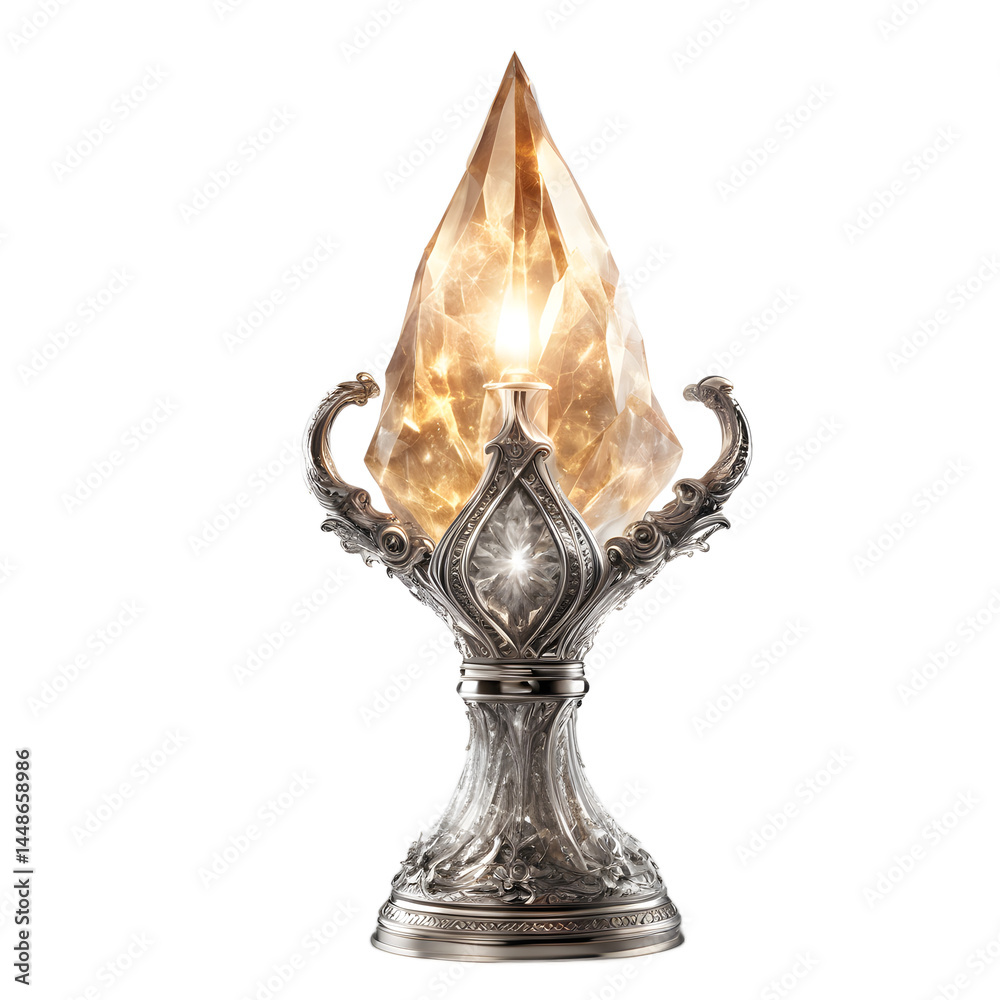 Poster fantasy wizard staff glowing crystal lamp, isolated on a empty plain background