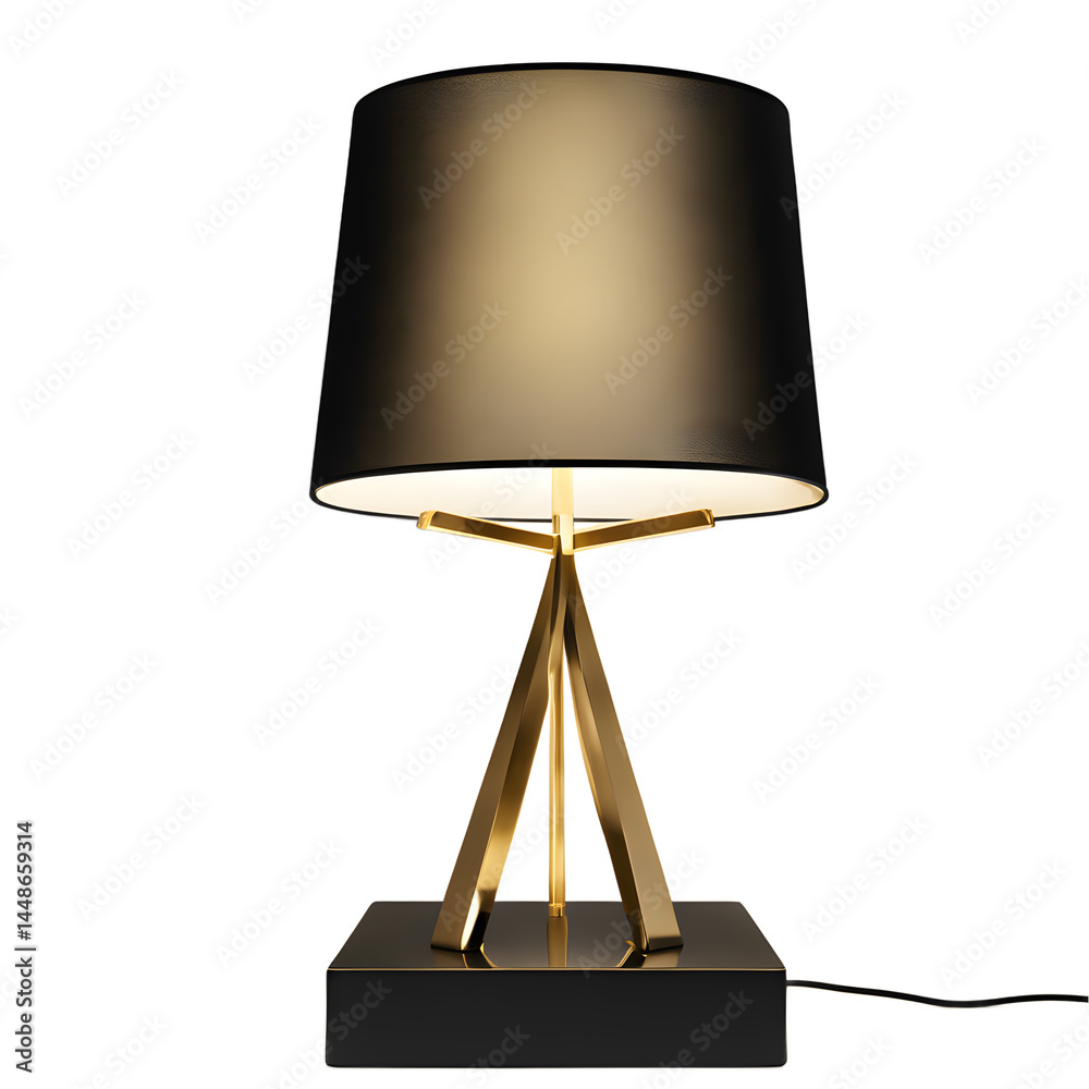 Poster luxury black velvet shade gold base table lamp, isolated on a empty plain background