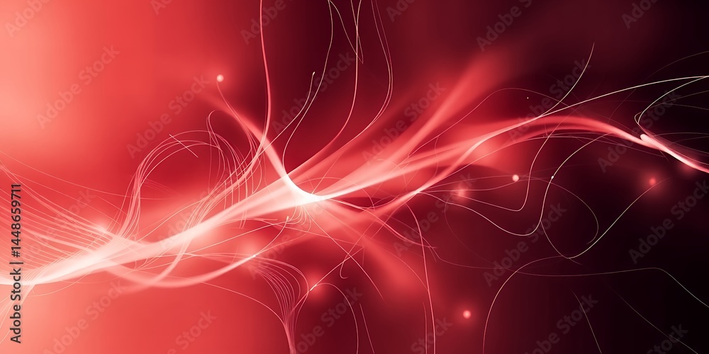 Poster abstract red background with flowing white lines and glowing orbs creating a dynamic design