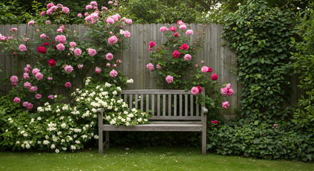 Romantic Garden With Climbing Roses And A Wooden Bench For Relaxation
