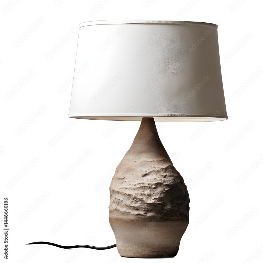 Poster wabi-sabi rough ceramic clay table lamp, isolated on a empty plain background